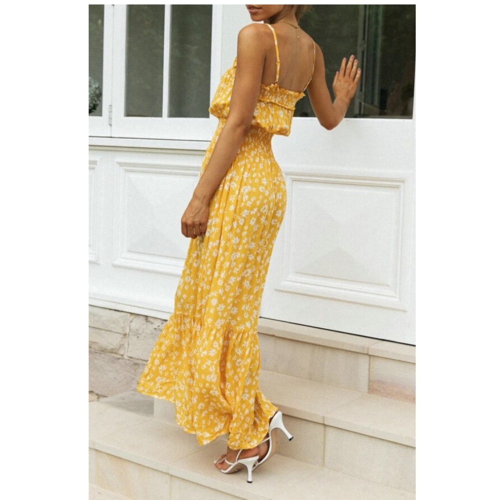 yellow floral print smocked ruffle cami maxi dress - Picture 4 of 9